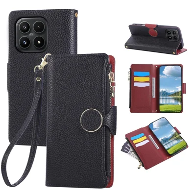 Étui pour Xiaomi 17, housse portefeuille en cuir avec fermeture à glissière et sangle de poignet - Noir