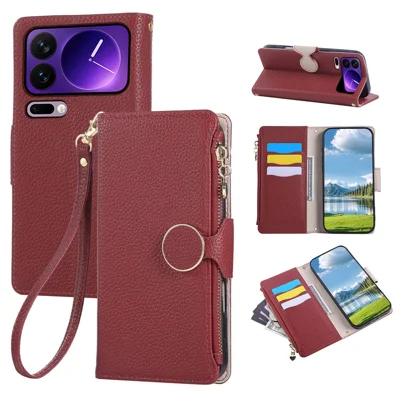 Étui pour Xiaomi 17 Pro, étui portefeuille en cuir avec fermeture à glissière et sangle de poignet - Rouge vin