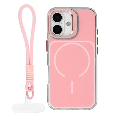Für iPhone 17 Hülle kompatibel mit MagSafe Objektiv-Ständer TPU-Acryl-Handyhülle mit passendem Handgurt - Rosa