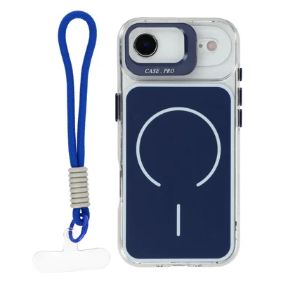 Capa para iPhone Air Compatível com MagSafe com Suporte de Lente, Capa para Telemóvel em TPU e Acrílico com Alça de Mão a Condizer - Azul