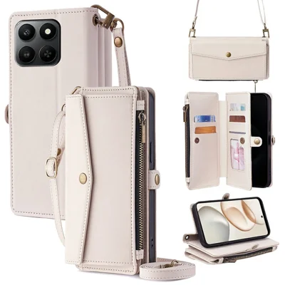 PU Leather Case for Honor 400 Smart 5G / 400 Smart 4G / X7d 4G Card Slots Zipper Purse Phone Cover with Shoulder Strap - White