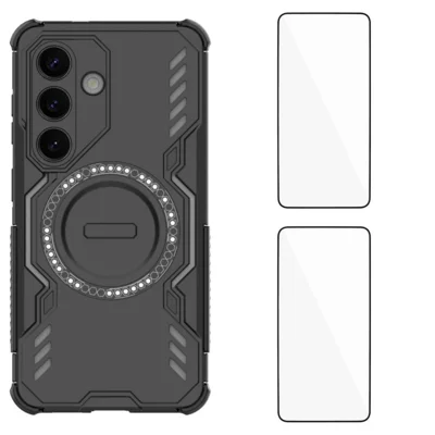For Samsung Galaxy S26 Magnetic Case WANLONFENG DJ Series PC TPU Phone Cover with 2Pcs Tempered Glass Film - Black