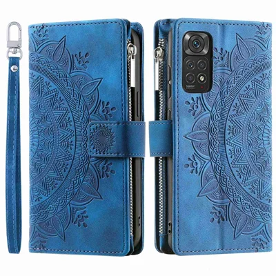 For Xiaomi Redmi Note 12 Pro 4G / 11 Pro 4G (MediaTek) / Note 11 Pro 5G (Qualcomm) Mandala Flower Imprinted PU Leather Phone Cover Stand with Multiple Card Slots Zipper Pocket Wallet - Blue