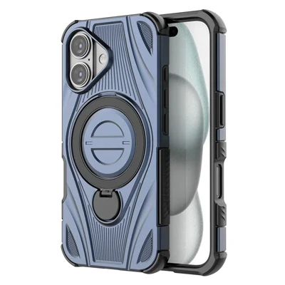 For iPhone 16 Magnetic Case Rotating Kickstand TPU PC Shockproof Phone Back Cover Compatible with MagSafe - Dark Blue