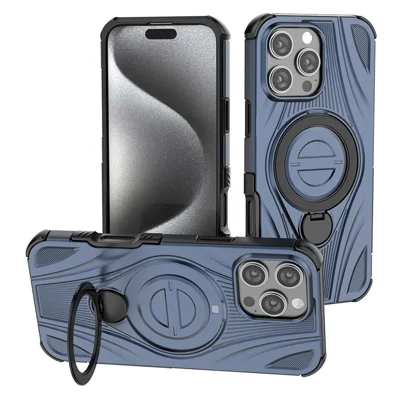 For iPhone 16 Pro Max Magnetic Case Rotating Kickstand TPU PC Shockproof Phone Back Cover Compatible with MagSafe - Dark Blue