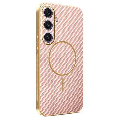 Coque pour Samsung Galaxy S26+ Texturée Fibre de Carbone Arrière Téléphone en TPU Galvanisé - Rose