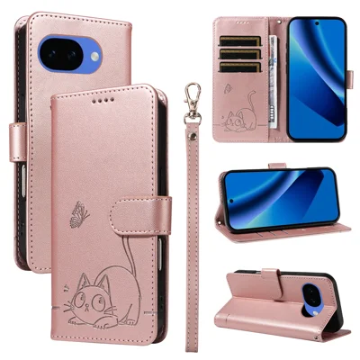 For Google Pixel 10a Case Cat Pattern Imprint Leather Phone Cover with Wrist Strap - Rose Gold