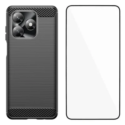 WANLONFENG For Honor X5c Plus 4G / Honor X5c 4G Case with Screen Film LS Series Big Lens Hole Brushed Texture TPU Phone Cover - Black