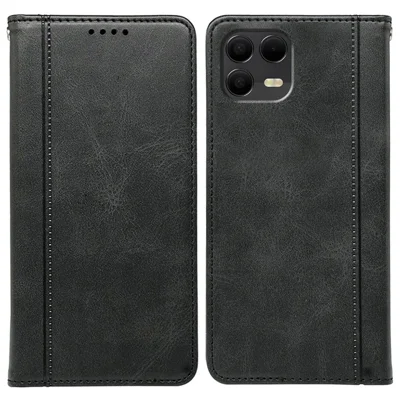 For T-Mobile Revvl 8 Pro Case Hidden Magnetic Closure Calf Texture Leather Phone Cover - Black