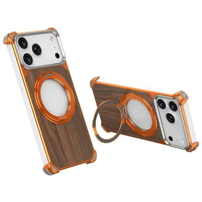 For iPhone 17 Pro Max Magnetic Case Wood + Metal Frameless Hollow Design Phone Cover with Rotating Kickstand - Orange