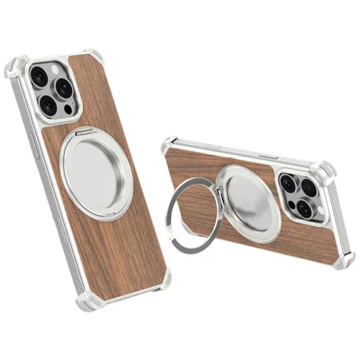 For iPhone 16 Pro Magnetic Case Wood + Metal Frameless Hollow Design Phone Cover with Rotating Kickstand - Titanium