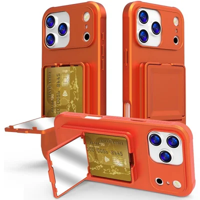 For iPhone 17 Pro Case Skin-Touch Card Holder TPU + PC Phone Cover with Mirror Kickstand - Orange