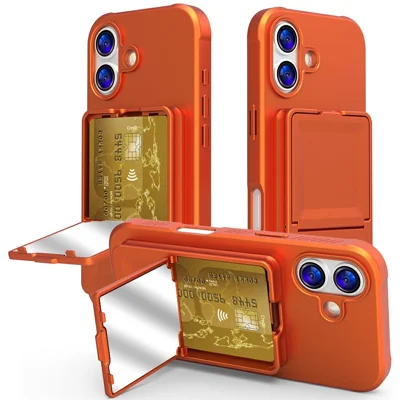 For iPhone 17 Hoesje Skin-Touch Met Pasjeshouder TPU + PC Telefoonhoesje met Spiegelstandaard - Oranje