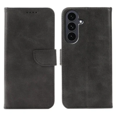 For Samsung Galaxy S24 Case Wallet Stand Magnetic Clasp Closure Calf Texture Leather Phone Cover - Black