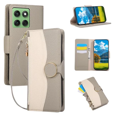 Coque pour téléphone Motorola Edge 60 Fusion 5G / Edge 60 5G, étui portefeuille à fermeture éclair, coque rabattable en cuir PU et TPU avec sangle, gris