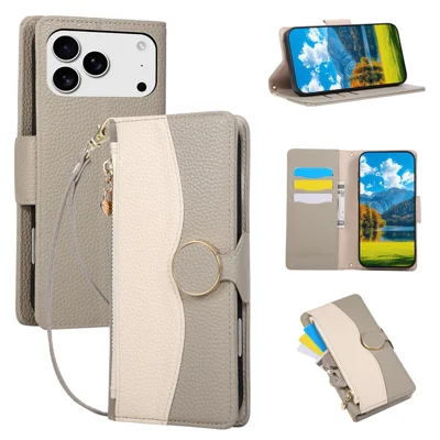 Coque pour iPhone 17 Pro Max, étui portefeuille avec fermeture à glissière, assemblage coloré, housse rabattable en cuir PU et TPU avec sangle - Gris