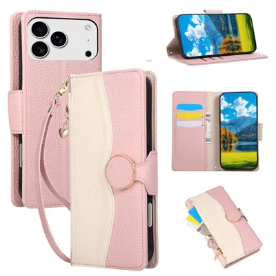 Étui pour iPhone 17 Pro avec Portefeuille à Fermeture Éclair, Housse Rabattable en Cuir PU et TPU, Couleur Découpée avec Sangle - Rose