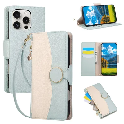 For iPhone 16 Pro Max Case Zipper Wallet Color Splicing TPU PU Leather Flip Phone Cover with Strap - Green