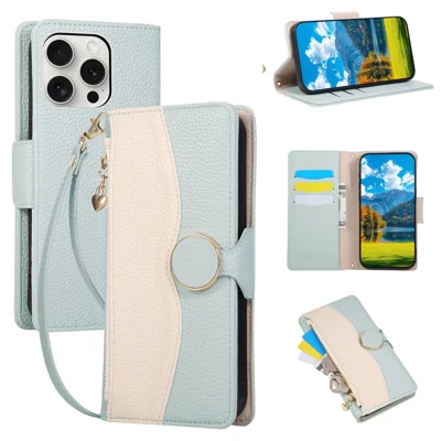 Flip-Case für iPhone 15 Pro Max mit Reißverschluss-Wallet, Farbverlauf aus TPU und PU-Leder, mit Strap – Grün