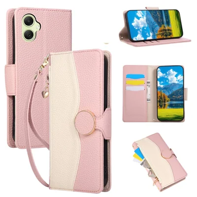 Coque pour Samsung Galaxy A07 4G, étui portefeuille avec fermeture à glissière, assemblage de couleurs, housse rabattable en cuir PU et TPU avec sangle - Rose