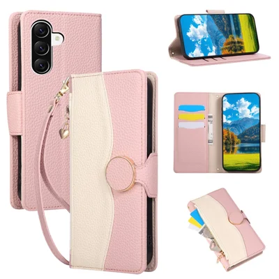 Étui pour Samsung Galaxy A26 5G, étui portefeuille à fermeture éclair, coque rabattable en cuir PU et TPU avec dragonne, assemblage de couleurs - Rose