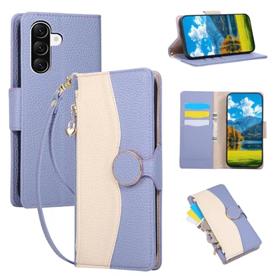 For Samsung Galaxy A27 5G Case Zipper Wallet Color Splicing TPU PU Leather Flip Phone Cover with Strap - Purple