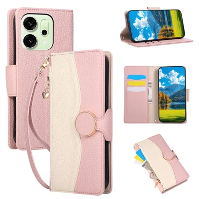Étui pour Oppo Reno14 F 5G avec Portefeuille à Fermeture Éclair, Housse Rabattable en Cuir PU et TPU, Coloris Bicolore, avec Sangle - Rose