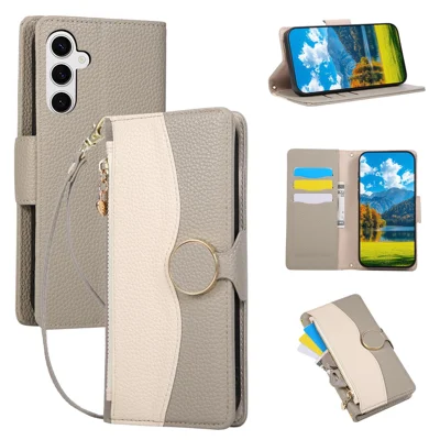 Samsung Galaxy S25 FE hoesje met ritsportemonnee Kleurcombinatie TPU PU Leren fliphoes met bandje - Grijs