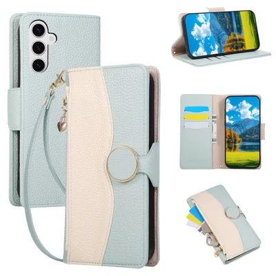 Étui pour Samsung Galaxy S25 FE avec portefeuille à fermeture éclair, housse rabattable en cuir PU et TPU avec dragonne, assemblage de couleurs - Vert