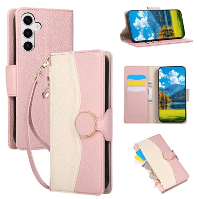 Étui pour Samsung Galaxy S26 avec Porte-cartes à Fermeture Éclair, Housse de Protection à Rabat en Cuir PU et TPU, Couleur Bicolore, avec Sangle - Rose