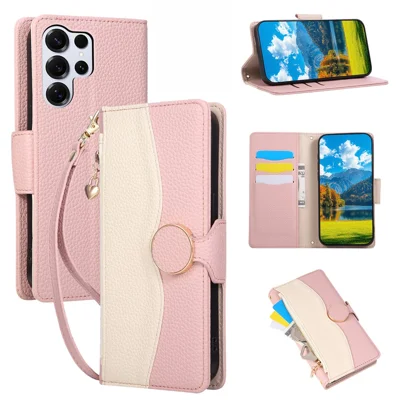 Coque pour Samsung Galaxy S26 Ultra, Portefeuille à Fermeture Éclair, Housse de Protection à Rabat en Cuir PU et TPU, Couleur Mixte, avec Sangle - Rose