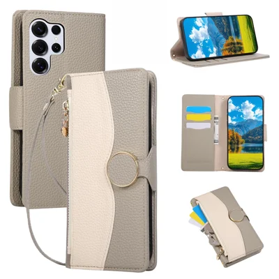 For Samsung Galaxy S24 Ultra Case Zipper Wallet Color Splicing TPU PU Leather Flip Phone Cover with Strap - Grey