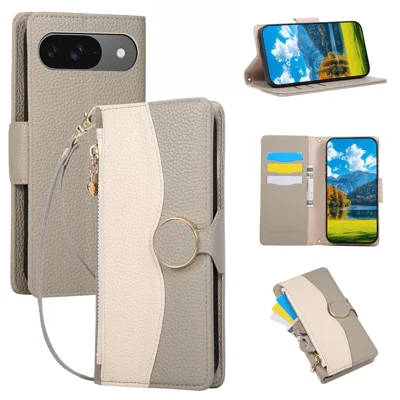Phone Case For Google Pixel 9  /  9 Pro Zipper Wallet Color Splicing TPU PU Leather Flip Phone Cover with Strap - Grey