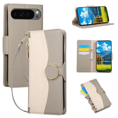 For Google Pixel 9 Pro XL Case Zipper Wallet Color Splicing TPU PU Leather Flip Phone Cover with Strap - Grey