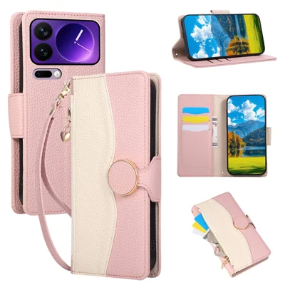 Coque pour Xiaomi 17 Pro, étui portefeuille avec fermeture à glissière, housse rabattable en cuir PU et TPU avec dragonne, assemblage de couleurs - Rose