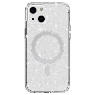 For iPhone 14 Plus TPU+PC Phone Protective Case Glitter Magnetic Anti-Scratch Back Cover Compatible with MagSafe Charger - White