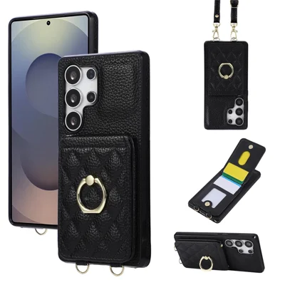 Voor Samsung Galaxy S25 Ultra Hoesje Staander Ruitleer + TPU Telefoonhoes met Schouderband - Zwart