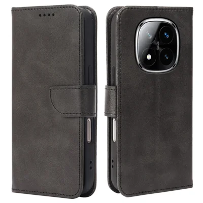 Phone Case For Xiaomi Redmi Note 14 Pro 5G  /  Poco X7 5G Wallet Stand Magnetic Clasp Closure Calf Texture Leather Phone Cover - Black