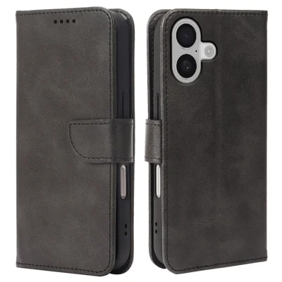 For iPhone 17 Case Wallet Stand Magnetic Clasp Closure Calf Texture Leather Phone Cover - Black