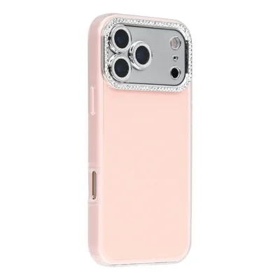 For iPhone 17 Pro Max Case IMD Glitter Acrylic + TPU Phone Cover with Rhinestones Acrylic Camera Lens Protector - Pink