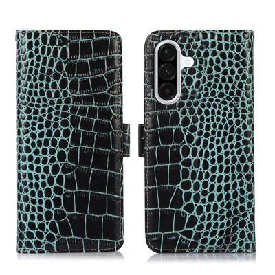 Capa para Samsung Galaxy A37 com Carteira, Bloqueio RFID, Textura de Crocodilo, em Pele de Vaca Genuína - Verde