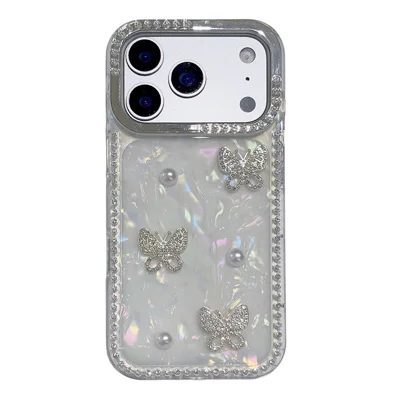 For iPhone 17 Pro Max Case Shell Texture Butterfly Pearl Rhinestone Decor PC + TPU Phone Cover - Small Butterfly