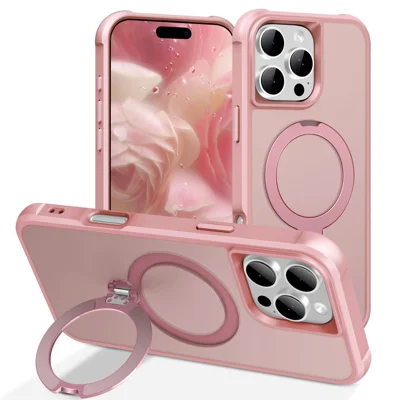 Funda para iPhone 16 Pro compatible con MagSafe, con soporte giratorio, carcasa trasera de TPU y PC resistente a impactos - Rosa