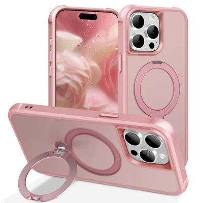 Capa para iPhone 15 Pro Compatível com MagSafe com Suporte TPU PC Capa Traseira à Prova de Choques - Rosa