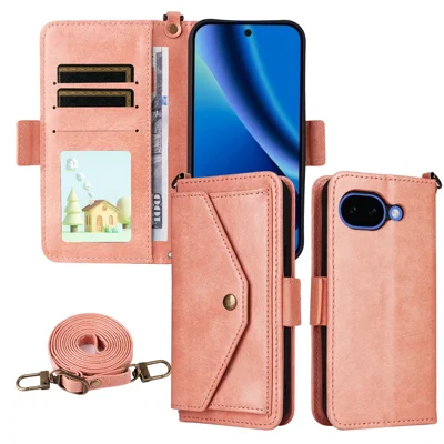 For Google Pixel 10a Leather Case Magnetic Closure Wallet Stand Phone Cover with Crossbody Strap - Pink