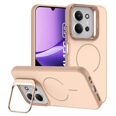 For Xiaomi Redmi 15C 4G (Global) (171mm)  /  Poco C85 4G (171mm) Case Skin-touch PC + TPU Magnetic Phone Cover with Lens Frame Kickstand - Desert Gold