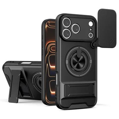 For iPhone 17 Pro Case Compatible with MagSafe Ring Holder Foldable Kickstand TPU PC Phone Cover with Camera Lens Slider - Black