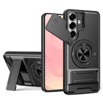 For Samsung Galaxy S26+ Magnetic Case Ring Holder Foldable Kickstand TPU PC Phone Cover with Camera Lens Slider - Black