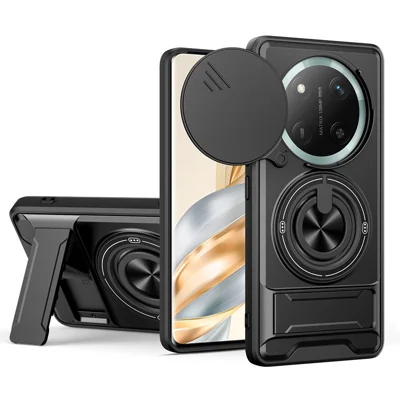 For Honor X60 Pro 5G  /  X9c 5G Magnetic Case Ring Holder Foldable Kickstand TPU PC Phone Cover with Camera Lens Slider - Black