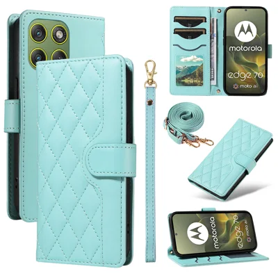 Capa Carteira para Motorola Edge 70 5G, Capa de Couro com Padrao de Losango e Alça - Verde